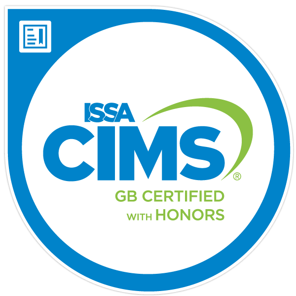 CIMS The image shows the ISSA CIMS GB Certified with Honors logo, which indicates certification in cleaning industry management standards with green building criteria. This recognition highlights excellence in office cleaning services and commercial cleaners.