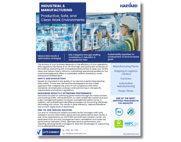 Flyer titled “Industrial & Manufacturing” highlighting productivity, safety, clean work environments, and risk management through advanced solutions and expertise. Features a worker using technology. Also showcases partnerships with commercial cleaning companies to ensure pristine conditions.