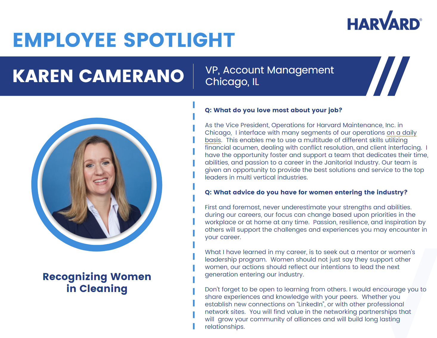 Employee spotlight featuring Karen Camerano, VP of Account Management at Harvard in Chicago, IL. The graphic highlights her role, achievements, and advice for women entering the commercial cleaning service industry.