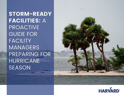 STORM-READY FACILITIES_A PROACTIVE GUIDE FOR FACILITY MANAGERS PREPARING FOR HURRICANE SEASON – Page 1 Palm trees bend in strong winds beside choppy water; text promotes a hurricane preparedness guide.