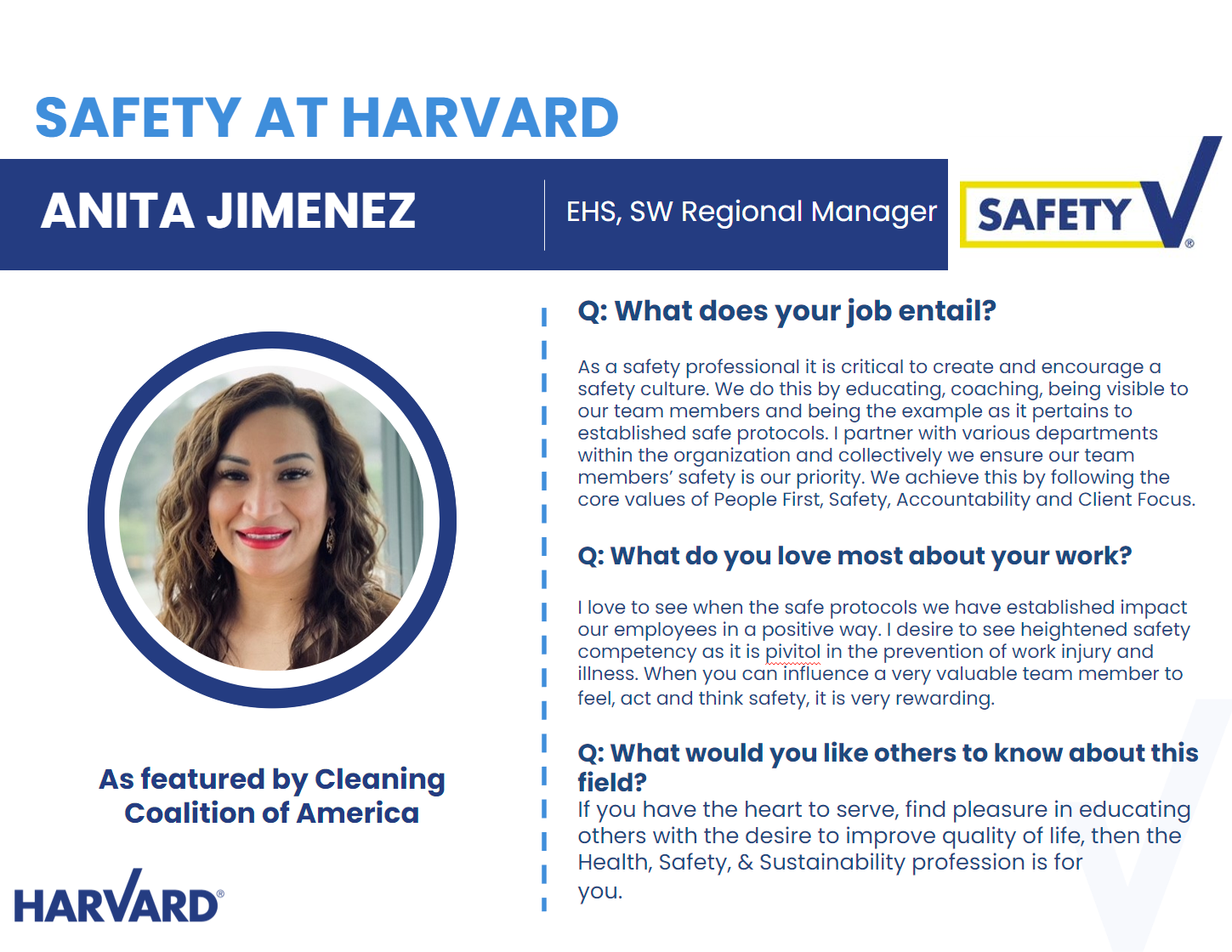 A professional Q&A post featuring Anita Jimenez, EHS, SW Regional Manager, discussing job responsibilities, safety protocols within commercial cleaners, career passion, and advice for aspiring safety professionals. Harvard and Safety V logos are present.