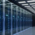 Modern data center with rows of illuminated server racks and LED lights.