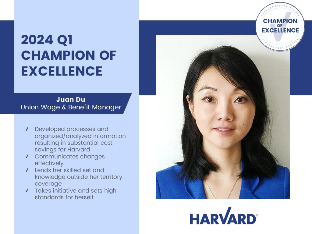 Juan Du is recognized as Harvard's 2024 Q1 Champion of Excellence for her outstanding work.