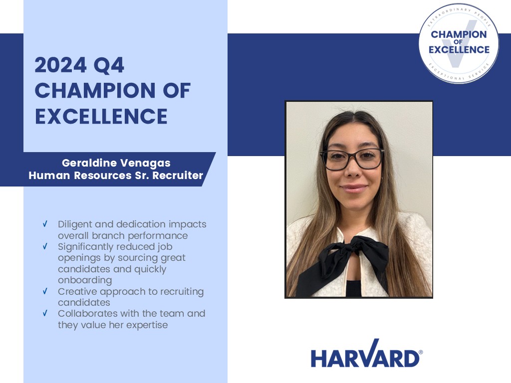 Portrait of Geraldine Venagas, awarded 2024 Q4 Champion of Excellence at Harvard for HR achievements.