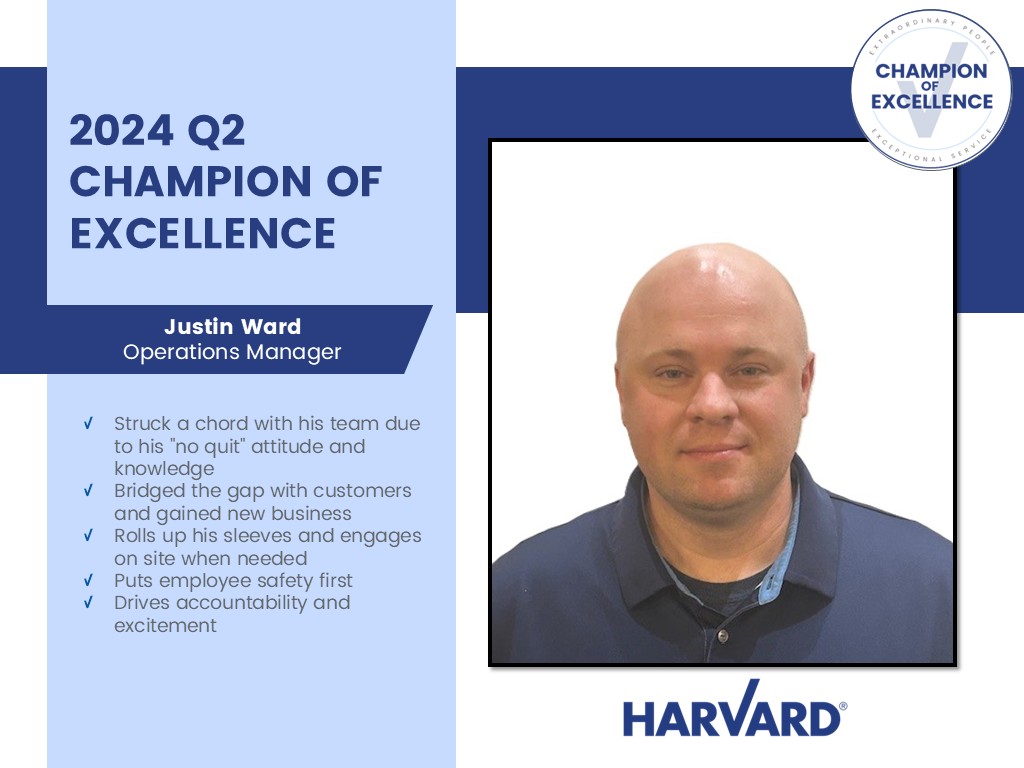 Portrait of Justin Ward, 2024 Q2 Champion of Excellence, with a summary of his achievements.