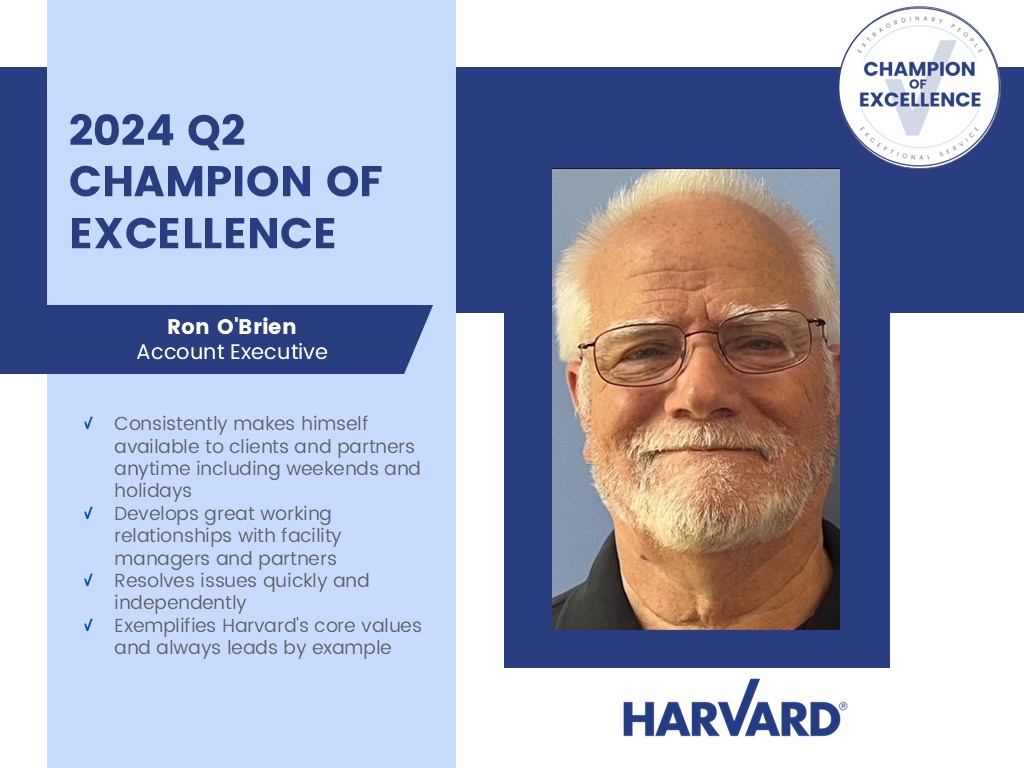 Portrait of Ron O'Brien, named 2024 Q2 Champion of Excellence at Harvard, with award details listed.
