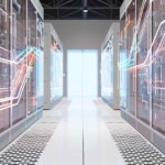 A modern data center with server racks and digital graphs overlaying the image.