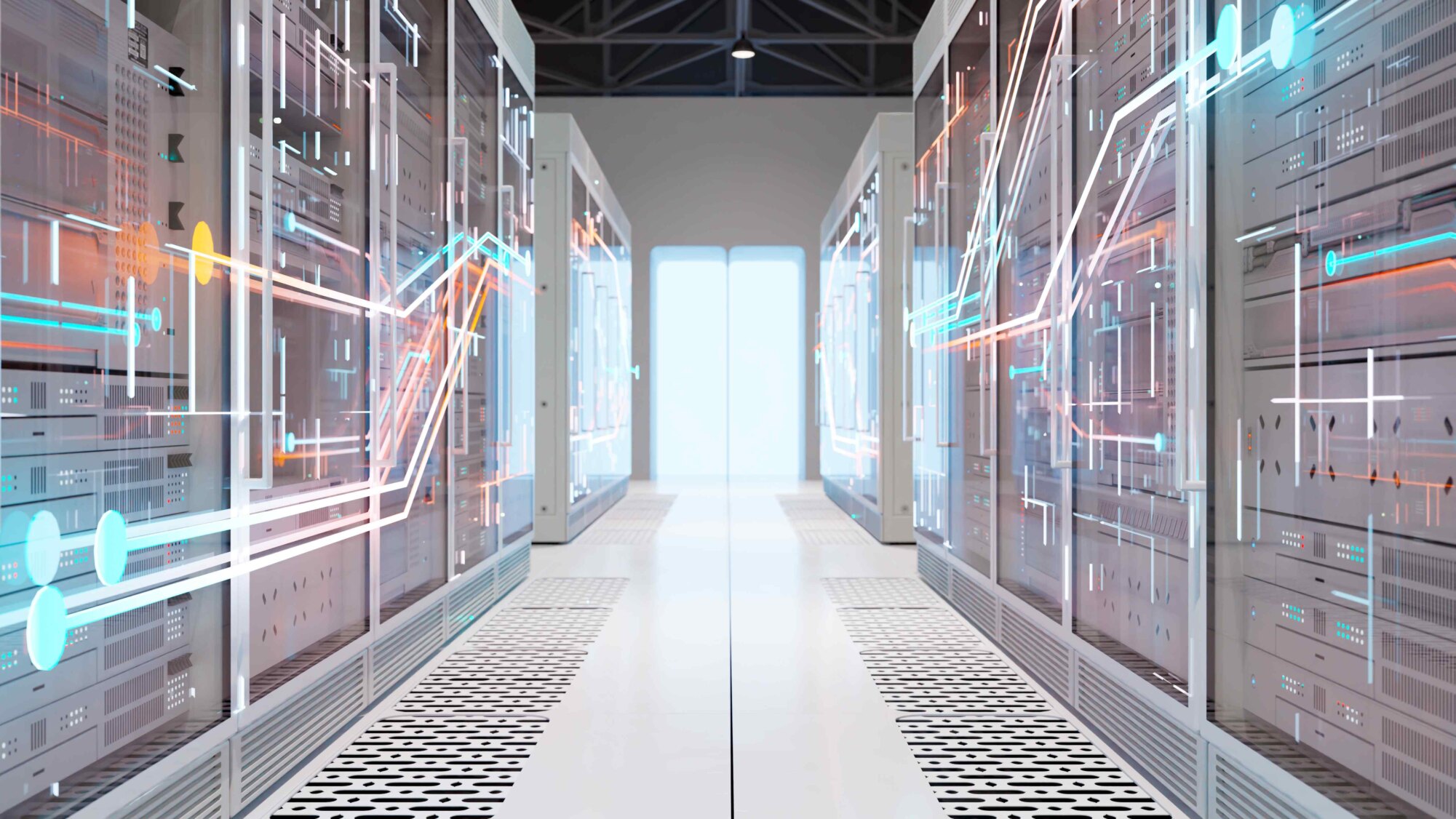 A modern data center with server racks and digital graphs overlaying the image.