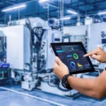 Person uses a tablet to monitor industrial machine performance in a modern factory setting.