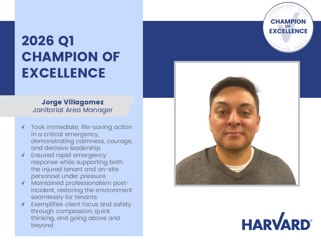 Portrait of man with text recognizing him as 2026 Q1 Champion of Excellence at Harvard.